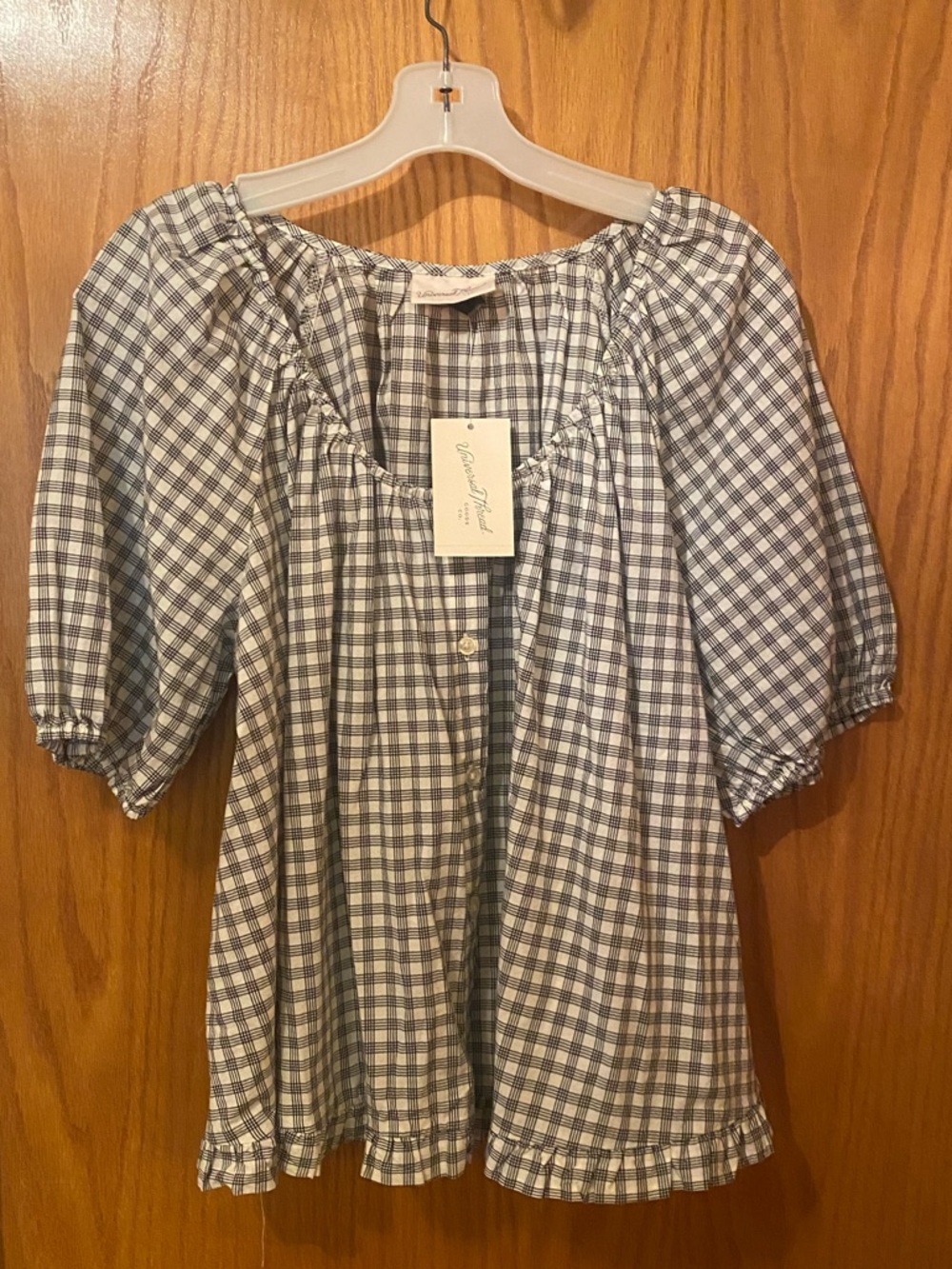 NWT Universal Thread 100% Cotton Button-Up Gingham Peasant Blouse - Large